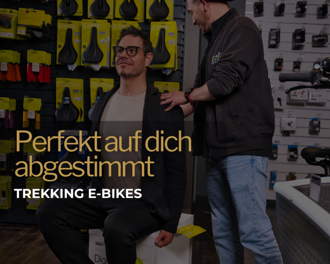 Fahrradfahrer schiebt Trekking E-BIKE &uuml;ber eine Wiese